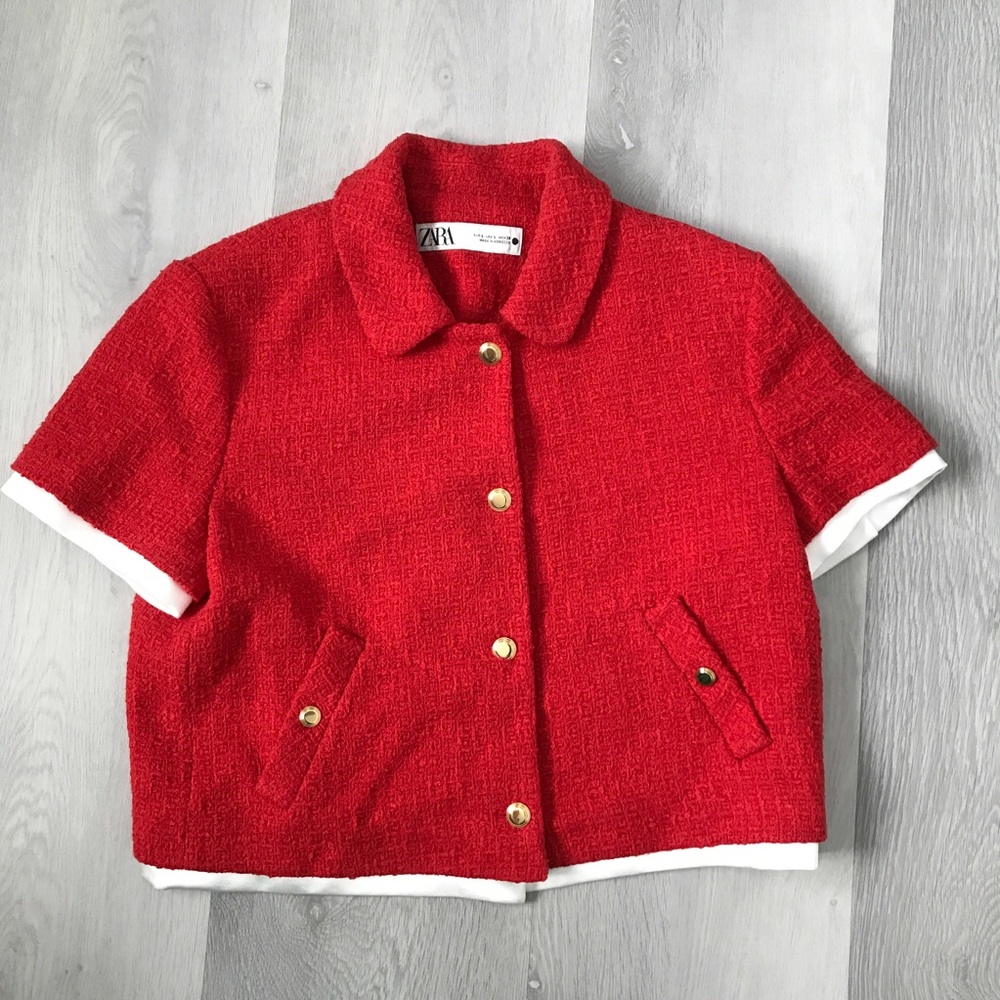 ZARA RED TWEED BOUCLE JACKET SHORT SLEEVE COLLARED SATIN LINING WOMENS SMALL